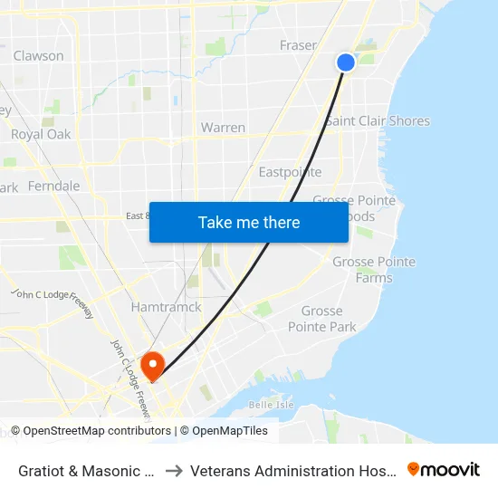 Gratiot & Masonic NW to Veterans Administration Hospital map