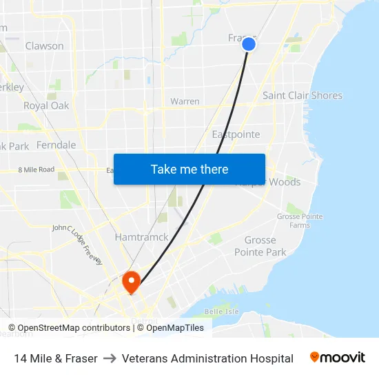 14 Mile & Fraser to Veterans Administration Hospital map