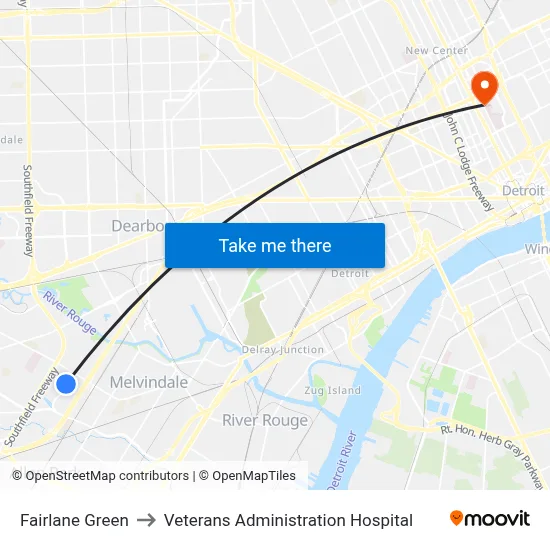 Fairlane Green to Veterans Administration Hospital map