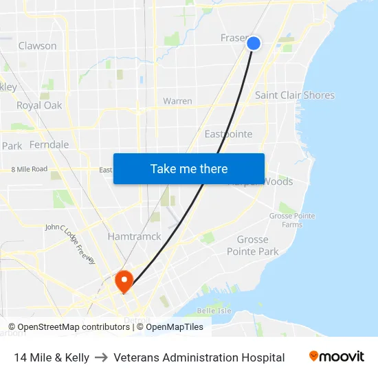 14 Mile & Kelly to Veterans Administration Hospital map