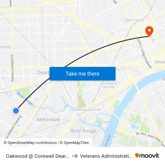 Oakwood @ Corewell Dearborn Hospital to Veterans Administration Hospital map