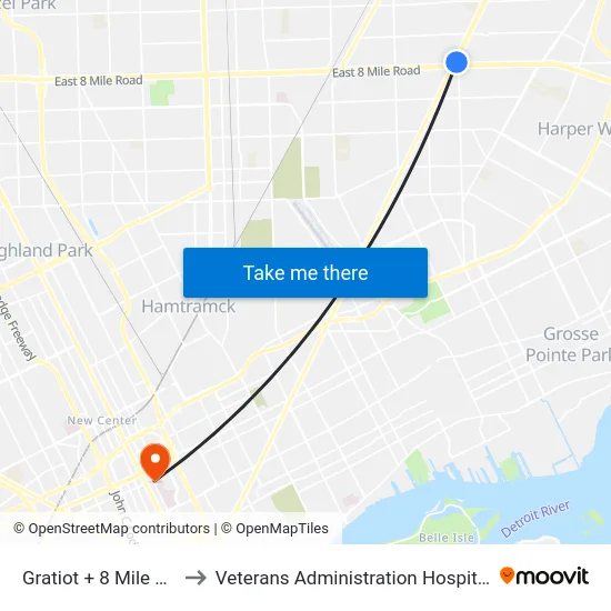 Gratiot & 8 Mile to Veterans Administration Hospital map