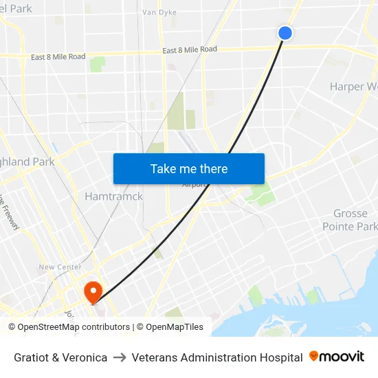 Gratiot & Veronica to Veterans Administration Hospital map