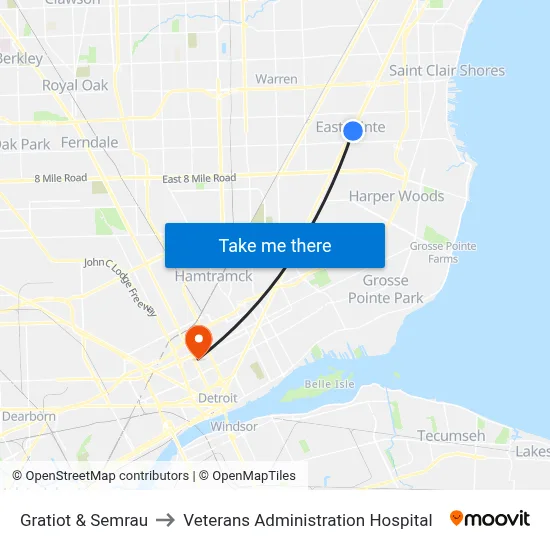 Gratiot & Semrau to Veterans Administration Hospital map