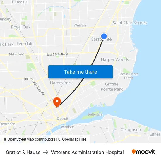 Gratiot & Hauss to Veterans Administration Hospital map