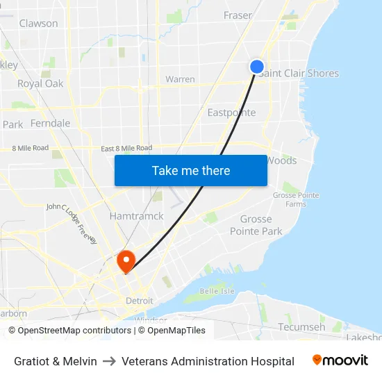 Gratiot & Melvin to Veterans Administration Hospital map