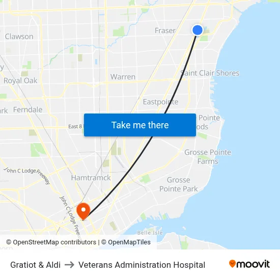 Gratiot & Aldi to Veterans Administration Hospital map
