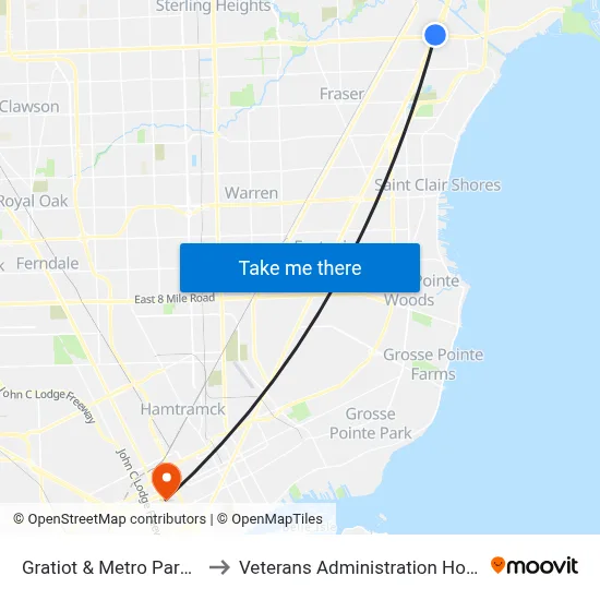 Gratiot & Metro Parkway to Veterans Administration Hospital map