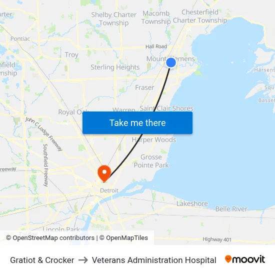 Gratiot & Crocker to Veterans Administration Hospital map