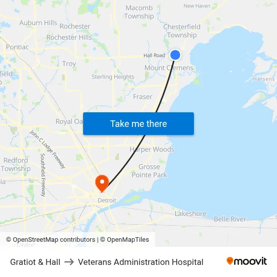 Gratiot & Hall to Veterans Administration Hospital map