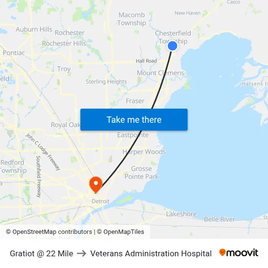 Gratiot @ 22 Mile to Veterans Administration Hospital map