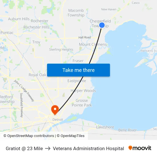 Gratiot @ 23 Mile to Veterans Administration Hospital map