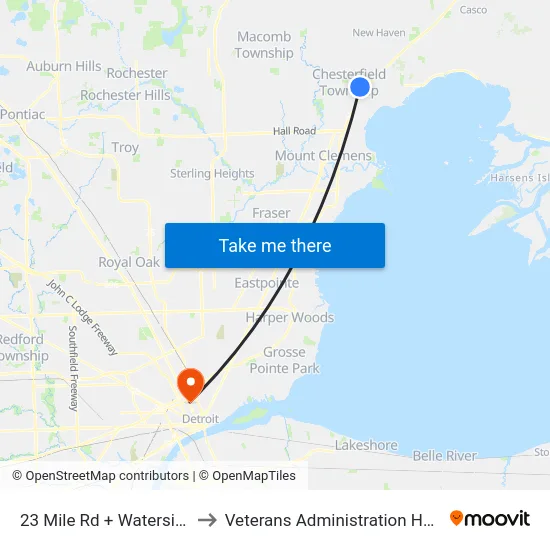 23 Mile Rd + Waterside Dr to Veterans Administration Hospital map
