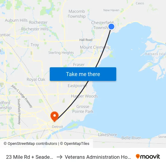 23 Mile & Seaden Drive to Veterans Administration Hospital map