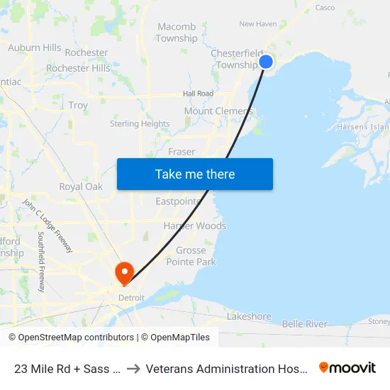 23 Mile Rd + Sass Rd to Veterans Administration Hospital map