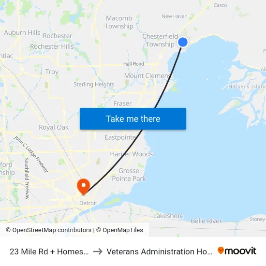 23 Mile Rd + Homestead to Veterans Administration Hospital map