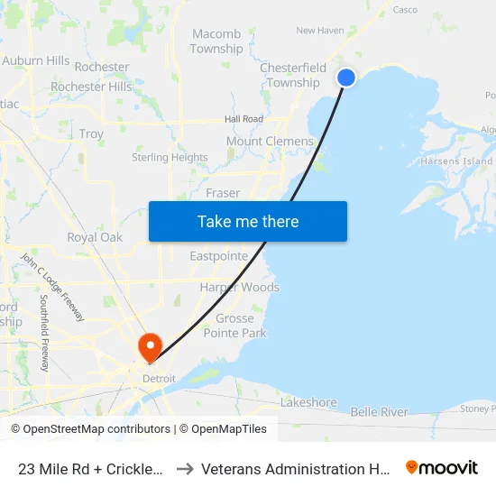 23 Mile Rd + Cricklewood to Veterans Administration Hospital map