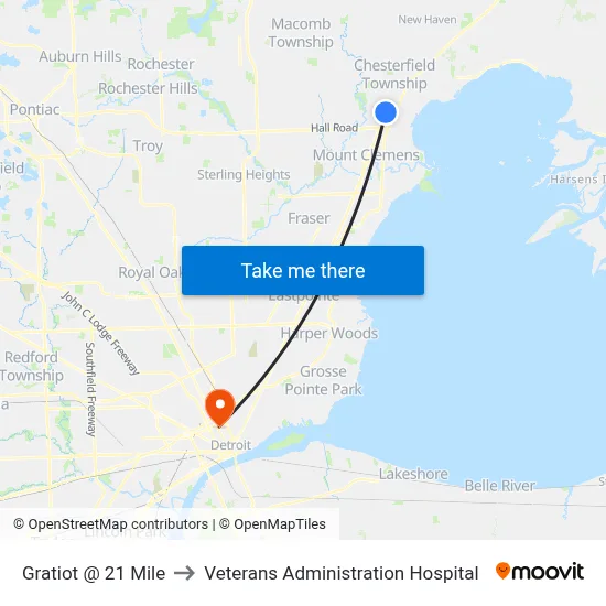 Gratiot @ 21 Mile to Veterans Administration Hospital map