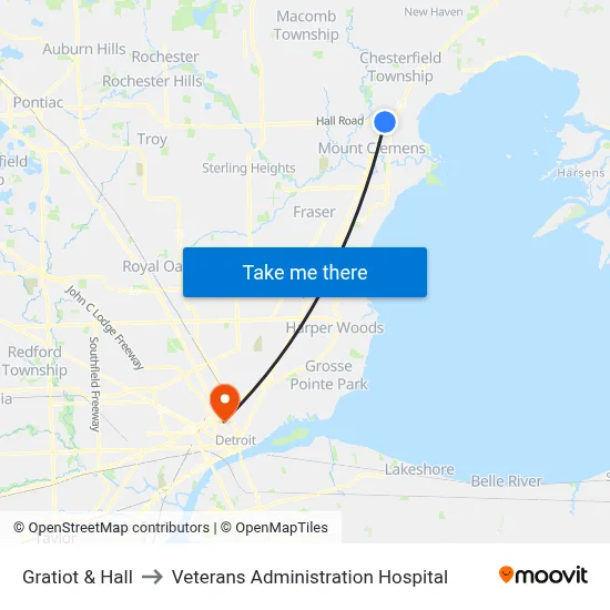 Gratiot & Hall to Veterans Administration Hospital map