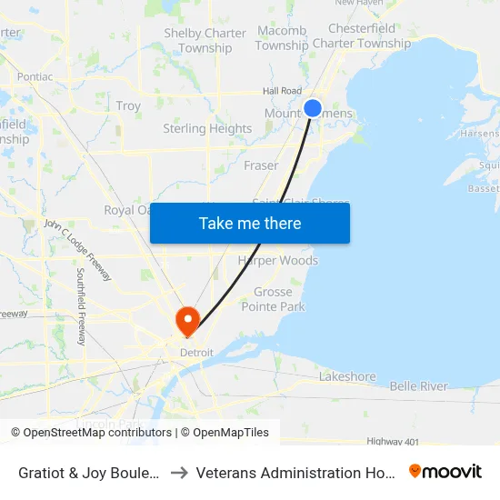 Gratiot & Joy Boulevard to Veterans Administration Hospital map