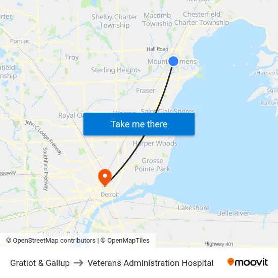 Gratiot & Gallup to Veterans Administration Hospital map