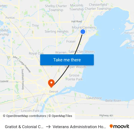 Gratiot & Colonial Court to Veterans Administration Hospital map