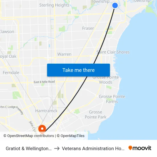 Gratiot & Wellington Cre to Veterans Administration Hospital map