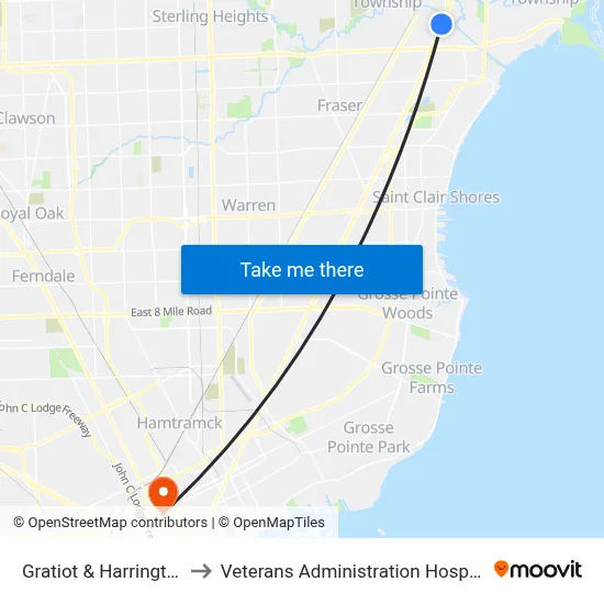 Gratiot & Harrington to Veterans Administration Hospital map