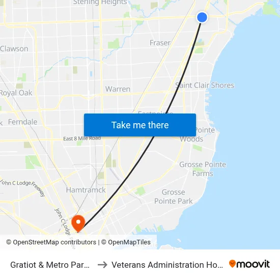 Gratiot & Metro Parkway to Veterans Administration Hospital map