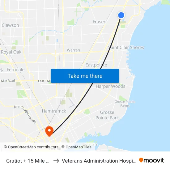 Gratiot @ 15 Mile to Veterans Administration Hospital map