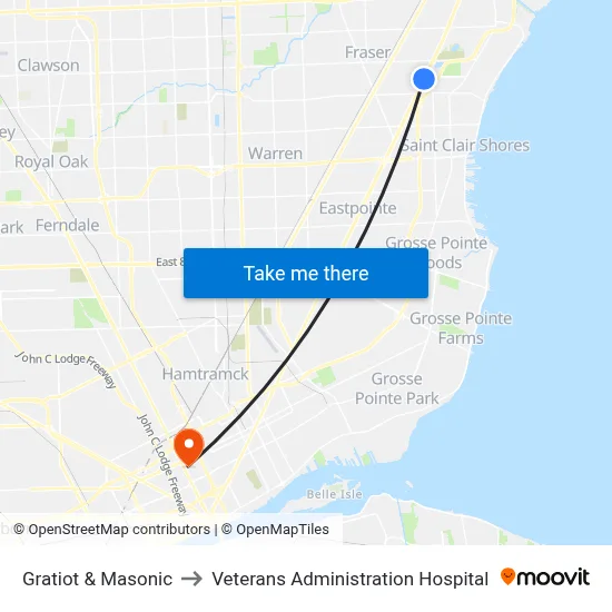 Gratiot & Masonic to Veterans Administration Hospital map