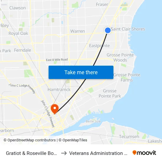 Gratiot & Roseville Boulevard to Veterans Administration Hospital map