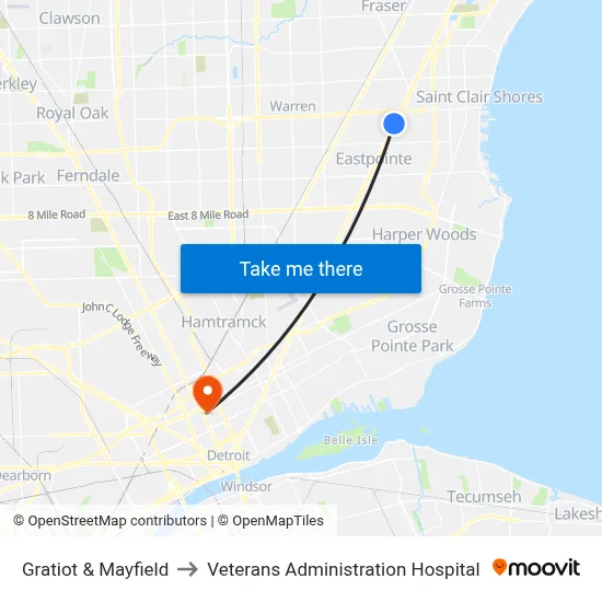 Gratiot & Mayfield to Veterans Administration Hospital map