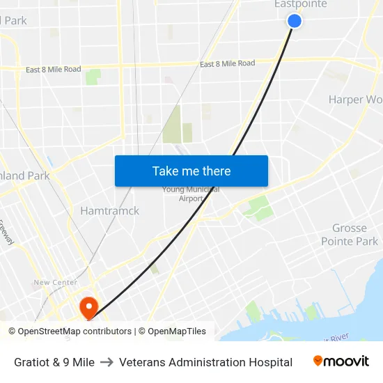 Gratiot & 9 Mile to Veterans Administration Hospital map