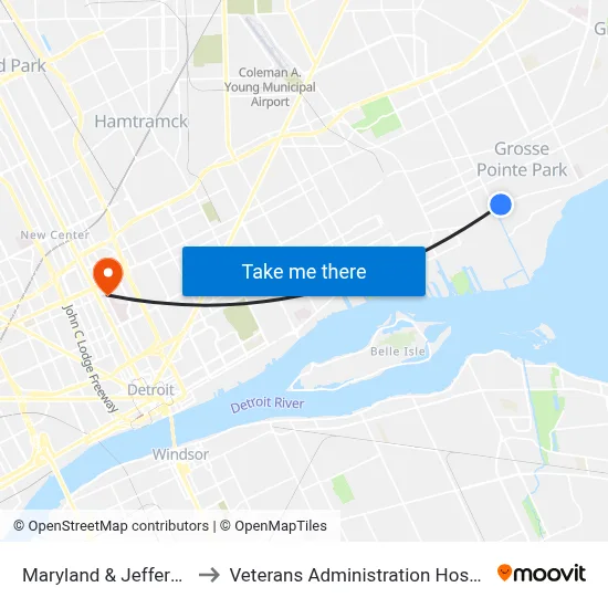Maryland & Jefferson to Veterans Administration Hospital map