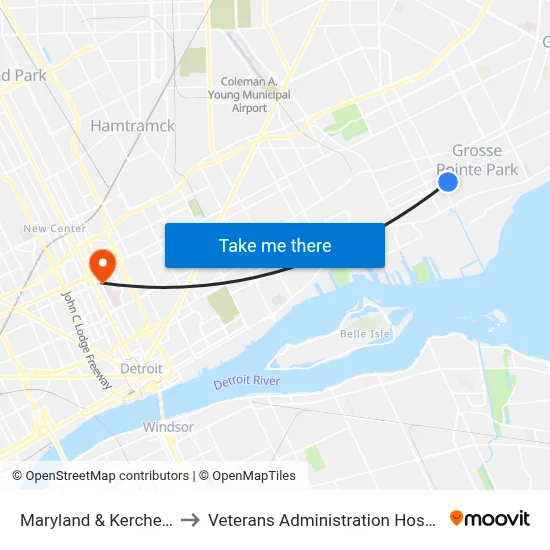 Maryland & Kercheval to Veterans Administration Hospital map