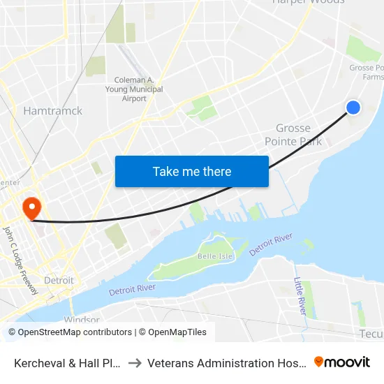 Kercheval & Hall Place to Veterans Administration Hospital map
