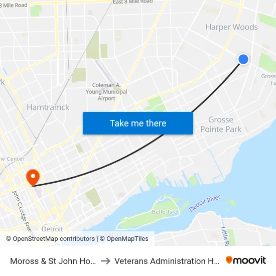 Moross & St John Hospital to Veterans Administration Hospital map