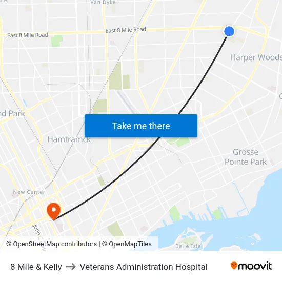 8 Mile & Kelly to Veterans Administration Hospital map
