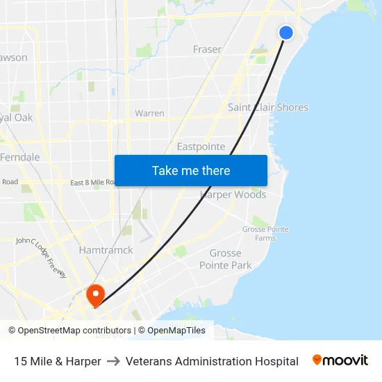 15 Mile & Harper to Veterans Administration Hospital map