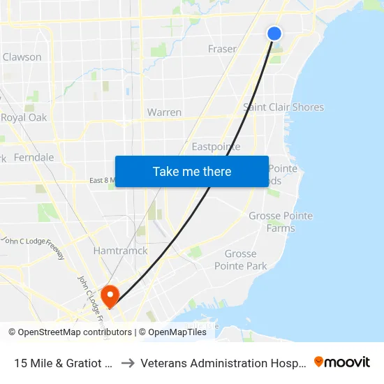 15 Mile & Gratiot NE to Veterans Administration Hospital map