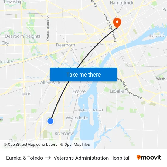 Eureka & Toledo to Veterans Administration Hospital map