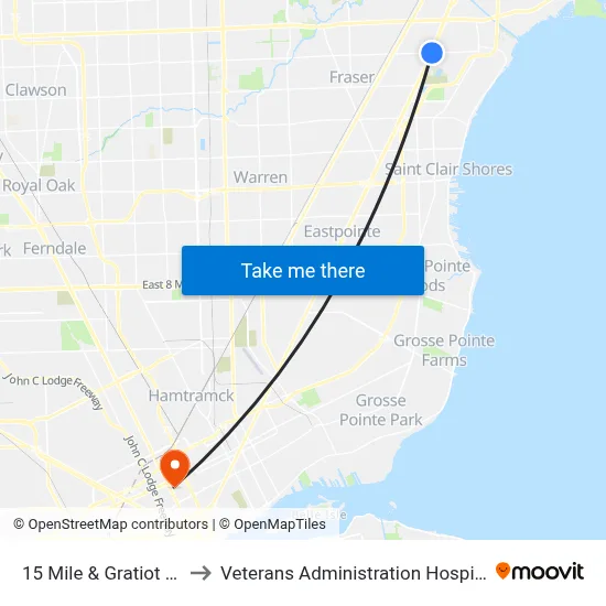 15 Mile & Gratiot SE to Veterans Administration Hospital map