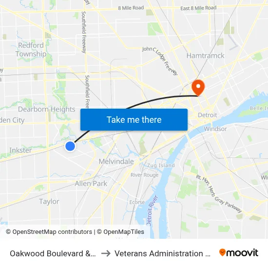 Oakwood Boulevard & Beech to Veterans Administration Hospital map