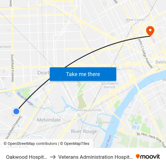 Oakwood Hospital to Veterans Administration Hospital map
