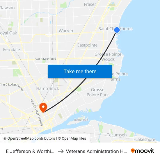 E Jefferson & Worthington to Veterans Administration Hospital map