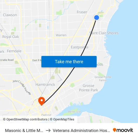 Masonic & Little Mack to Veterans Administration Hospital map