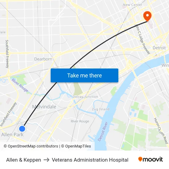 Allen & Keppen to Veterans Administration Hospital map