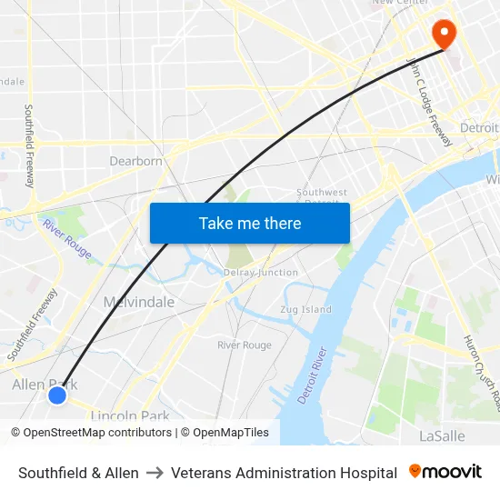 Southfield & Allen to Veterans Administration Hospital map
