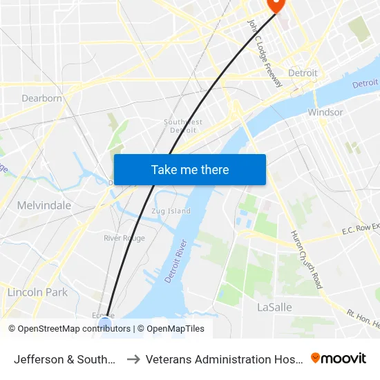 Jefferson & Southfield to Veterans Administration Hospital map